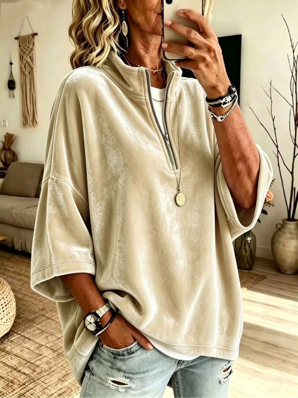 White Sexy Women's Velvet High Neck Half Zip Pullover Blouse
